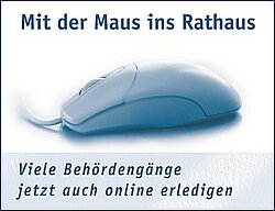 Schriftzug Mit der Maus ins Rathaus - viele Behördengänge jetzt auch online erledigen mit einer abgebildeten Computer-Maus