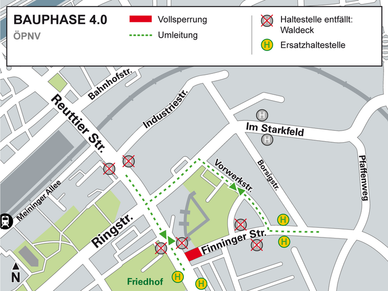 Ortsplan ÖPNV zur Bauphase 4.0 mit Sperrung des Einmündungsbereiches Finninger Straße / Reuttier Straße