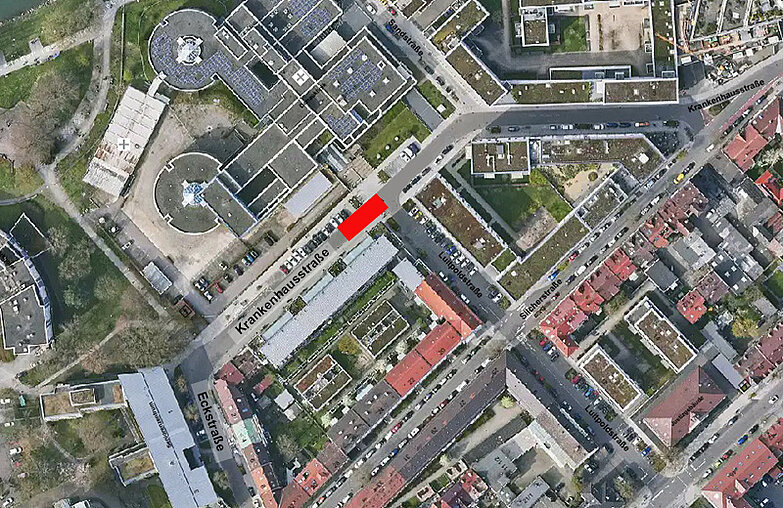 Luftbild mit eingezeichneter Sperrung in der Krankenhausstraße