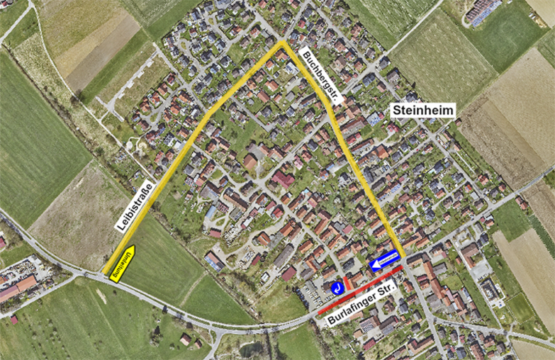 Luftbild von Steinheim mit eingezeichneter Sperrung in der Burlafinger Straße und Umleitung über die Leibistraße und 