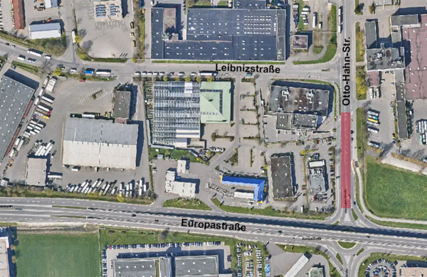 Luftbild mit rot markiertem Bereich in der Otto-Hahn-Straße