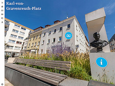 Bildschirm-Darstellung der virtuellen Tour mit einem Foto des Karl-von-Grafenreuth-Platzes