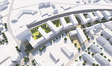 Visualisierung des Stadtquartierts "Grüne Höfe" in 3D mit Blick von Norden Richtung Süden