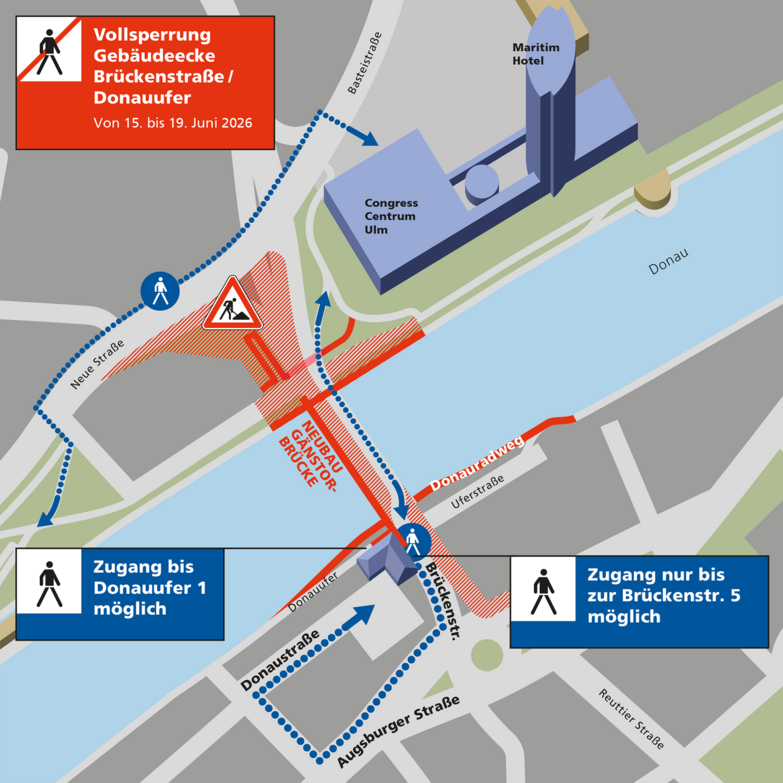 Stadtplan mit Umleitungen während der Vollsperrung des Gehwegs