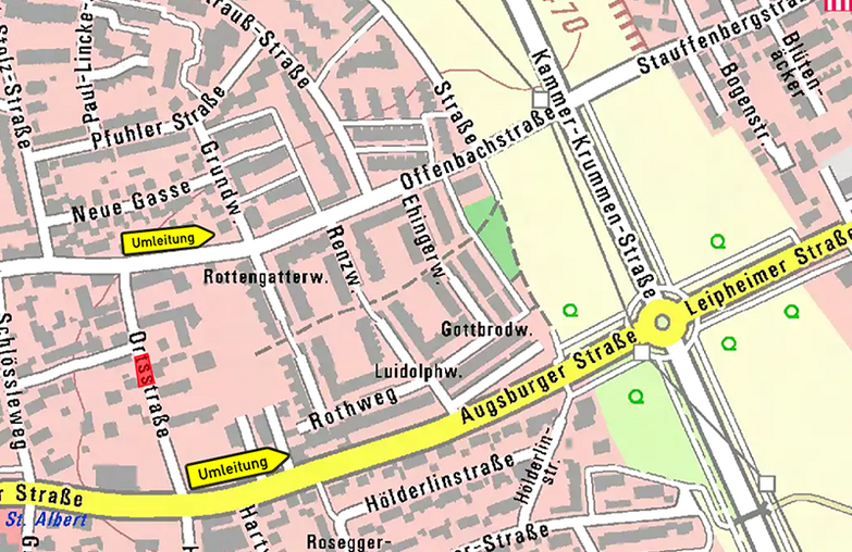 Ortskarte vom Neu-Ulmer Stadtteil Offenhausen mit eingezeichneter Sperrung in der Ortsstraße und Umleitung über die Offenbachstraße beziehungsweise Augsburger Straße
