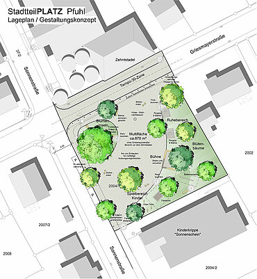 Entwurf für den Stadtteilplatz Pfuhl: Im Entwurf sind unter anderem Bäume, eine Bühne, ein Spielbereich für Kinder, Blumeninseln und ein Ruhebereich eingezeichnet.