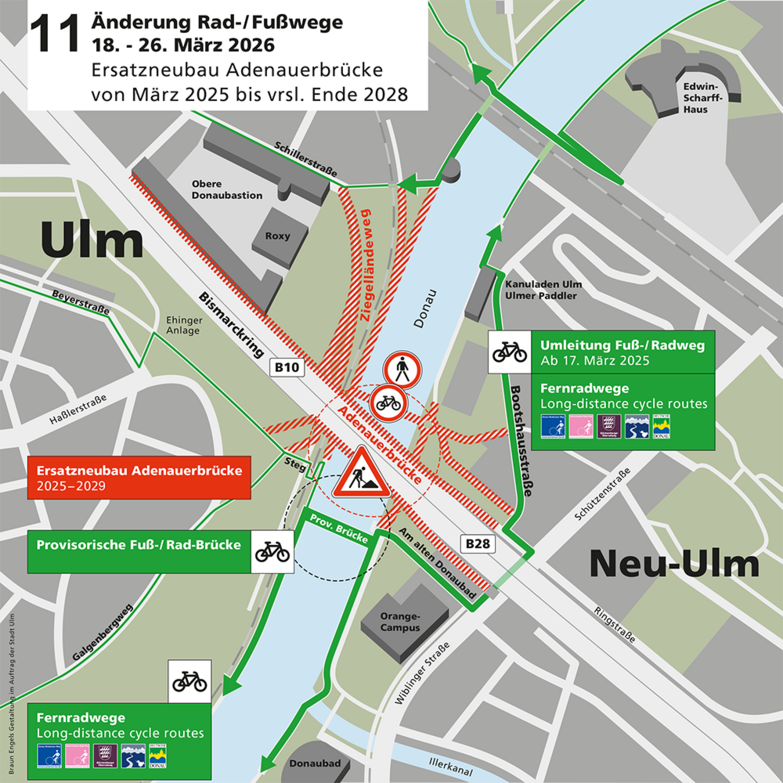Baustellenplan: Änderung der Rad- und Fußwege im Baustellenbereich der Adenauerbrücke vom 18. bis 16. März 2026