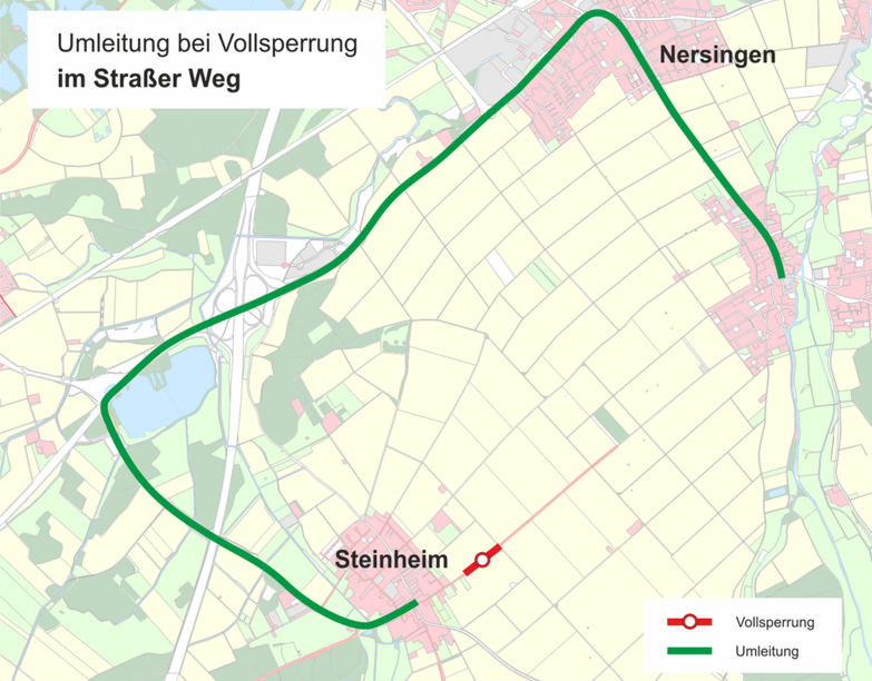 Ortsplan mit Vollsperrung im Straßer Weg in Steinheim und Umleitung über die B10 und Nersingen.