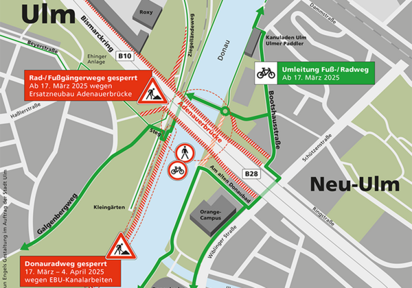 Sperrung der Geh- und Radwege im Baustellenbereich Adenauerbrücke