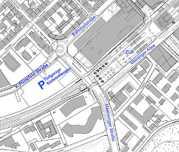 Ortsplan von Neu-Ulm mit Lage der Tiefgarage Südstadtbogen inder Von-Hünefeld-Straße