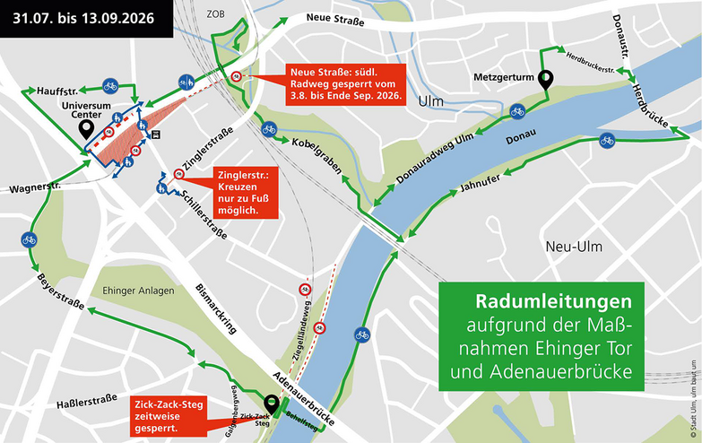 Stadtplan Ulm/Neu-Ulm mit geänderter Radverkehrsführung im Bereich der Adenauerbrücke