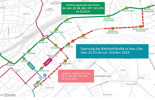 Der Übersichtsplan zeigt die Umleitung der betroffenen Buslinien über die Augsburger Straße