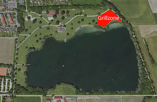 Luftbild vom Ludwigsfelder See mit eingezeichneter Grillzone