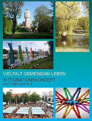 Deckblatt des Integrationskonzepts der Stadt Neu-Ulm mit Bildern aus Neu-Ulm und dem Text "Vielfalt gemeinsam leben"