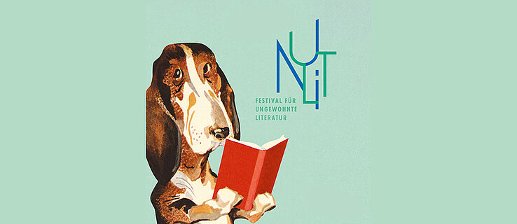 "NU:LIT - Festival für ungewohnte Literatur" mit Zeichnung eines Hundes, der ein Buch liest