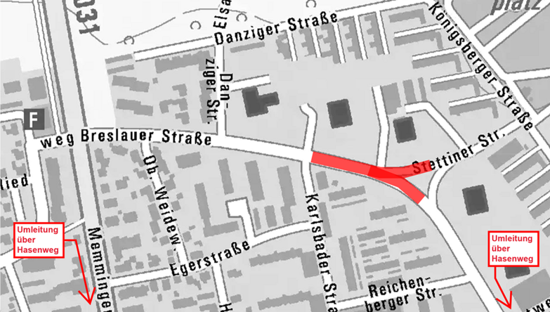 Stadtplan mit gesperrtem Bereich der Breslauer Straße im Abschnitt Karlsbader Straße bis Stettiner Straße 