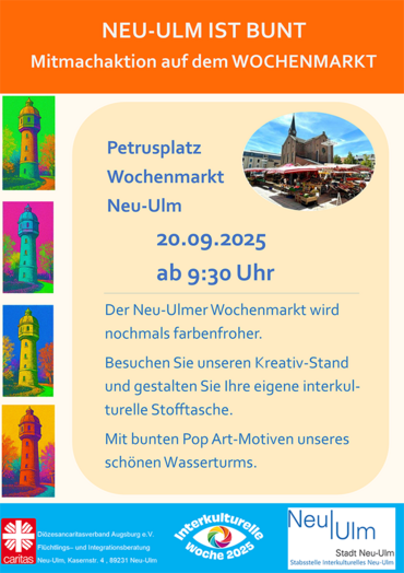 Veranstaltungsplakat: Neu-Ulm ist bunt - Mitmachaktion am 20.09.2025 ab 9:30 Uhr auf dem Wochenmarkt Neu-Ulm