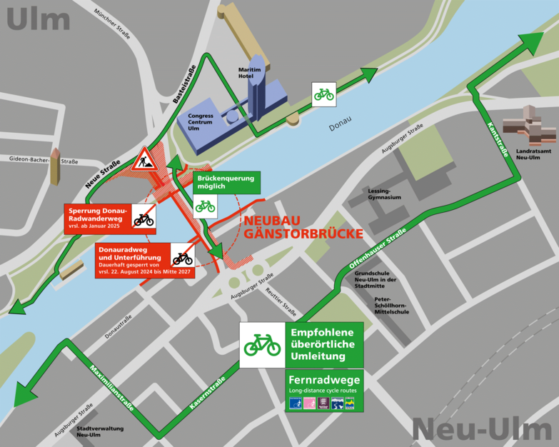 Plan mit Umleitung für den Radverkehr über Maxplatz, Maximilianstraße, Kasernstraße, Offenhausener Straße und Kantstraße