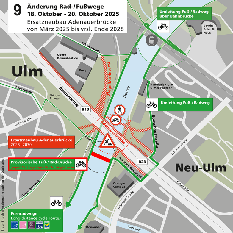 Änderung Rad- und Fußwege vom 18. bis 20. Oktober 2025 Baustellenplan: Änderung der Rad- und Fußwege im Baustellenbereich der Adenauerbrücke vom 18. bis 20. Oktober 2025