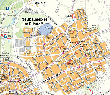 Ortskarte von Pfuhl, ein Kreis verdeutlicht die Lage des Neubaugebietes Im Eiland am nördlichen Ortsrand von Pfuhl 