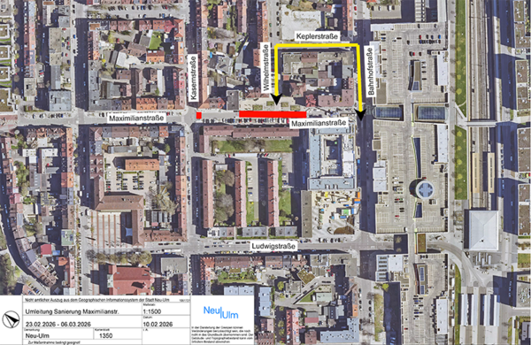 Luftbild der Neu-Ulmer Innenstadt mit rot eingezeichnetem gesperrten Bereich der Maximilianstraße