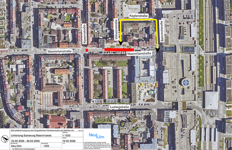 Luftbild der Neu-Ulmer Innenstadt mit rot eingezeichnetem gesperrten Bereich der Maximilianstraße