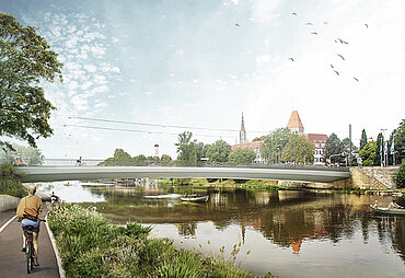 Visualisierung der geplanten neuen Brücke über die Donau. Links im Bild eine radfahrende Person auf dem Radweg, der unter der Brücke hindurchführt.