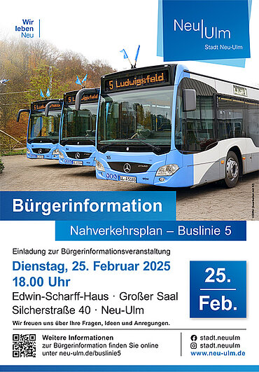 Plakat Bürgerinformation Nahverkehrsplan Buslinie 5 am 25. Februar 2025 mit Abbildung von Bussen