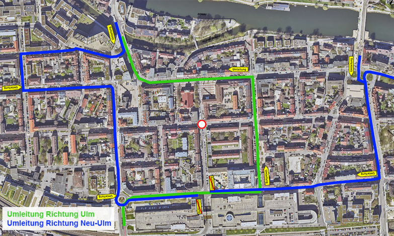 Luftbild Neu-Ulmer Ludwigstraße mit Umleitungen