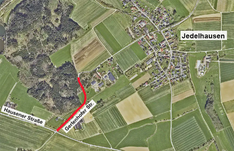 Luftbild mit rot eingezeichneter Sperrung der Gerlenhofer Straße