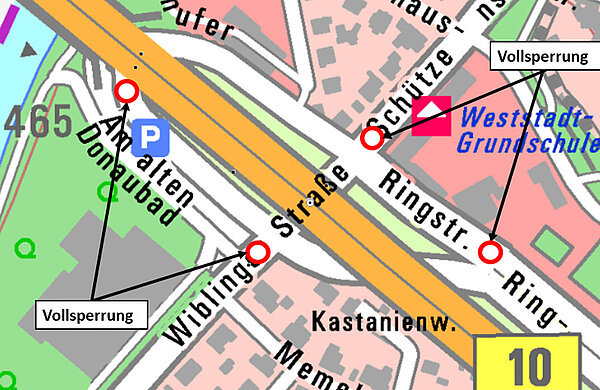 Ortsplan von Neu-Ulm mit Kennzeichnung des gesperrten Kreuzungsbereiches Wiblinger Straße / Schützenstraße / Ringstraße