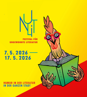 Grafik eines Huhns mit Brille, das ein Buch liest. Text: NU-LIT, Festival für ungewohnte Literatur
