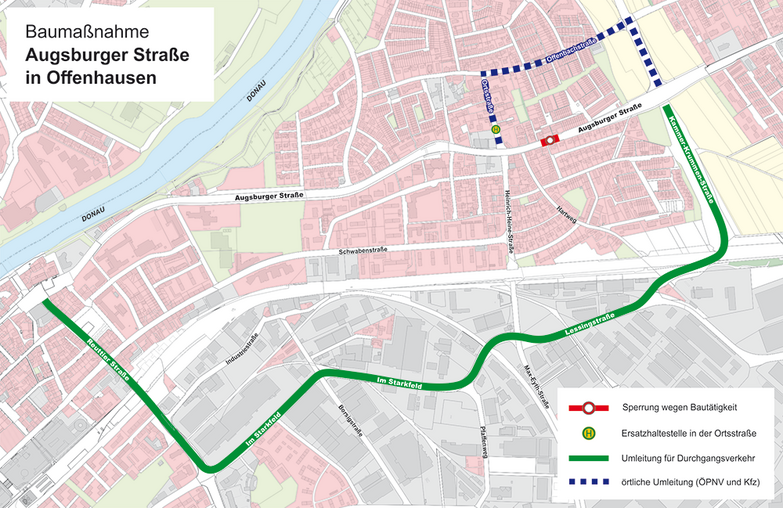 Übersichtsplan mit Sperrung und Umleitungen in der Augsburger Straße in Offenhausen