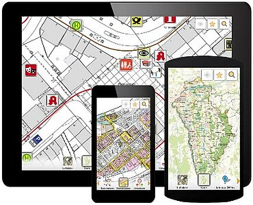 Ein Tablet-PC und zwei Smartphones, auf deren Desktops Karten der Geo-App Neu-Ulm zu sehen sind