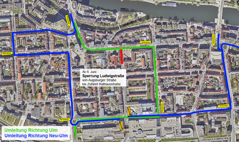 Luftbild von der Neu-Ulmer Innenstadt mit eingezeichneter Sperrung der Ludwigstraße im Bereich Augsburger Straße bis Rathausstraße sowie den Umleitungen