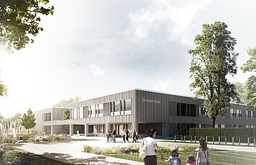 Visualisierung des geplanten Schul-Neubaus mit großzügigem Schulhof und Schulgarten