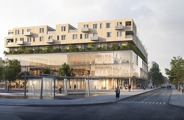 Visualisierung des geplanten modernen Gebäudes am Heiner-Metzger-Platz