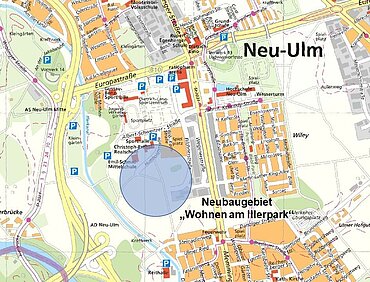 Lageplan von Neu-Ulm mit künftigem Neubaugebiet „Wohnen am Illerpark“ im Nordwesten von Ludwigsfeld