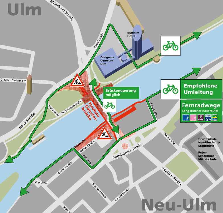 Plan Ulm und Neu-Ulm im Bereich der Gänstorbrücke mit Darstellung der Umleitung für den Fuß- und Radverkehr über den Augsburger-Tor-Platz