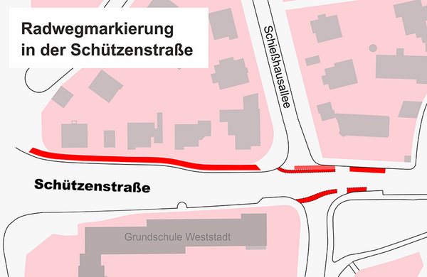 Übersichtsplan der Schützenstraße mit den künftigen rot markierten Fahrradstreifen in beiden Fahrtrichtungen