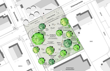 Entwurf für den Stadtteilplatz Pfuhl: Im Entwurf sind unter anderem Bäume, eine Bühne, ein Spielbereich für Kinder, Blumeninseln und ein Ruhebereich eingezeichnet.