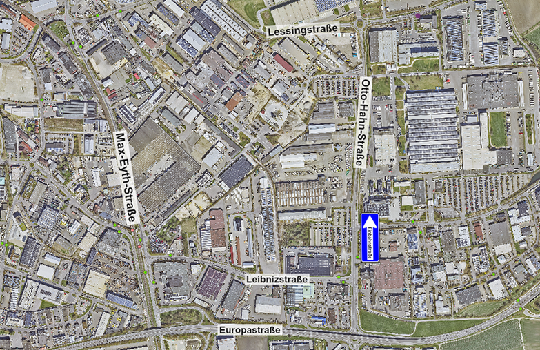 Luftbild vom Gewerbegebiet in Offenhausen mit eingezeichneter Einbahnstraße in der Otto-Hahn-Straße und Umleitung über die Lessingstraße und Max-Eyth-Straße