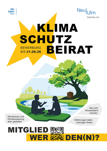 Plakat "Klimaschutzbeirat - Bewerbung bis 31.08.26" mit Grafik zweier Personen, die an einem Fluss sitzen