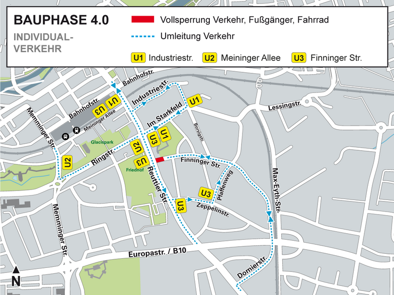 Ortsplan zur Bauphase 4.0 mit Sperrung des Einmündungsbereiches Finninger Straße / Reuttier Straße