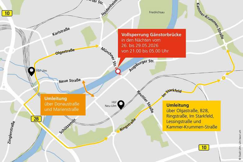 Stadtplan mit großräumiger Umleitung während der Vollsperrung der Gänstorbrücke