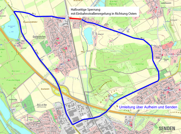 Ortskarte mit Markierung des gesperrten Bereiches in der Hausener Straße in Gerlenhofen und der Umleitung über Aufheim und Senden