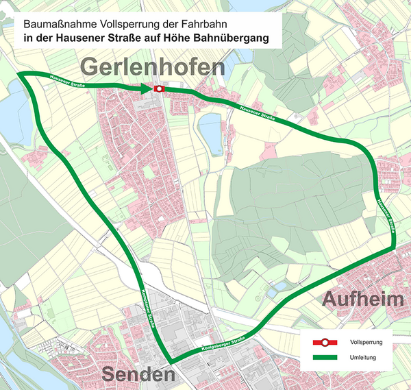 Umleitungsplan mit gekennzeichnetem gesperrten Bahnübergang in Gerlenhofen und Umleitung über Senden