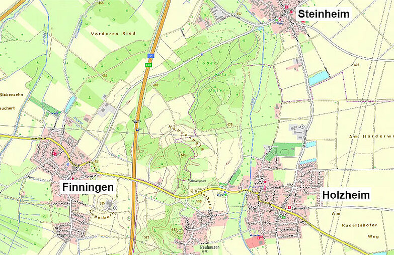 Ortsplan mit den den Neu-Ulmer Stadtteilen Finningen und Steinheim sowie der Gemeinde Holzheim