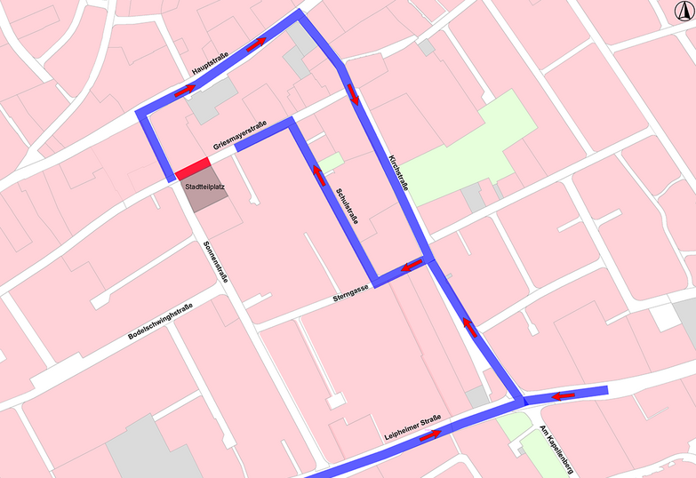 Ortskarte von Pfuhl mit Sperrung in der Griesmayerstraße und Umleitungen