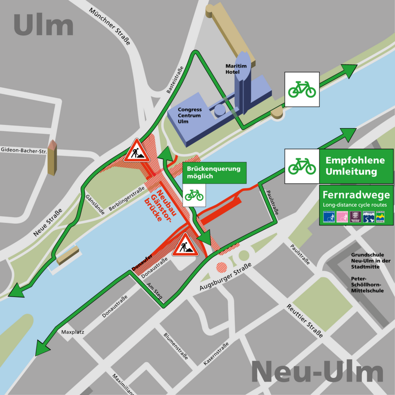 Plan Ulm und Neu-Ulm im Bereich der Gänstorbrücke mit Darstellung der Umleitung für den Fuß- und Radverkehr